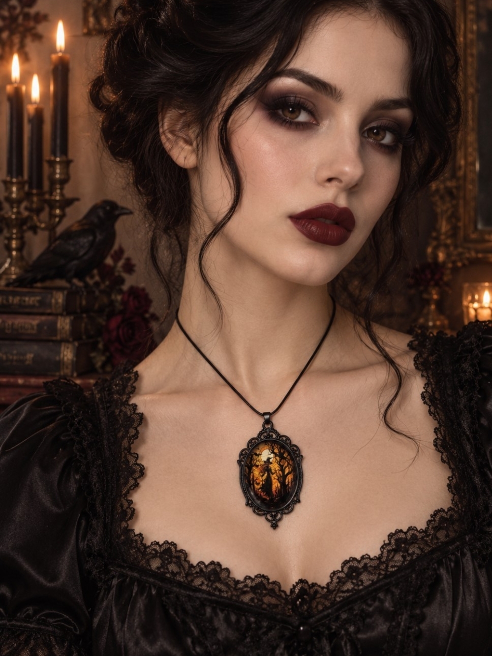 Victorian Gothic Black Cameo Pendant Necklace with Witchy Woman Detail